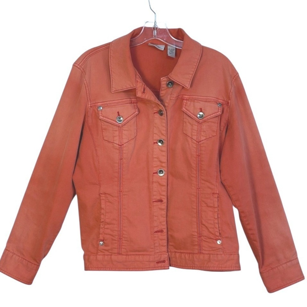 Chico's Platinum Denim Jacket‎ Womens Salmon Orange Stretch Trucker Minimalist 2